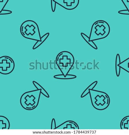 Black line Medical map pointer with cross hospital icon isolated seamless pattern on green background.  Vector Illustration