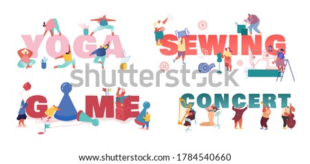 Set Posters with Spare Time Activity and Recreation Concept. People Characters Doing Yoga Exercises, Sewing Handmade Things, Playing Board Game, Music Concert Banner Flyer. Cartoon Vector Illustration