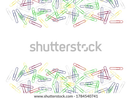 Hand drawn watercolor illustration of  office colored paper clips frame. Plastic paperclips top view. Isolated objects on white background. Education Back to School concept.