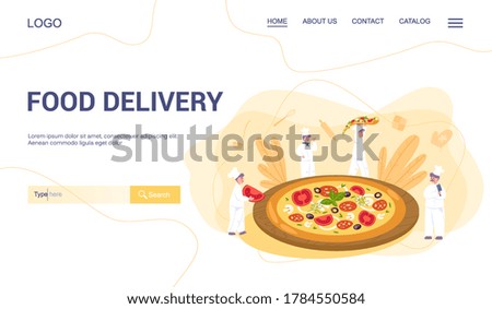 Food delivery web banner. Restaurant chef cooking pizza. People in apron with cooking tool. Professional worker on the kitchen. Isolated vector illustration in cartoon style