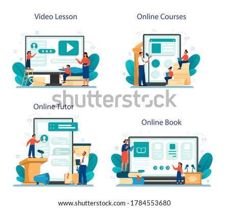 Rhetoric or elocution school class online service or platform set. Voice training and speech improvement. Online book, course, tutor, video lesson. Isolated flat vector illustration