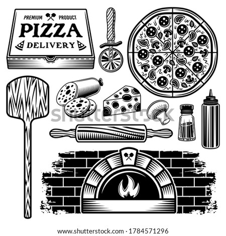 Pizza set of vector objects and elements in black and white style isolated on white background