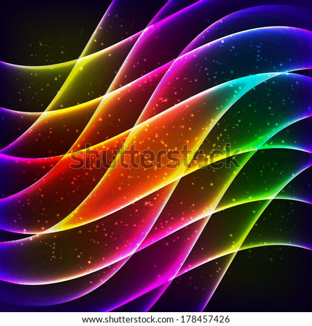 Neon rainbow waves grid vector background