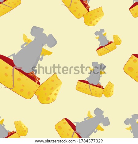Vector seamless pattern of a mouse with pleasure eating cheese. May be good for children use. For printing on fabrics, packaging, various backgrounds.