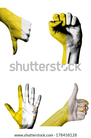 hands with multiple gestures (open palm, closed fist, thumbs up and down) with Vatican flag painted isolated on white