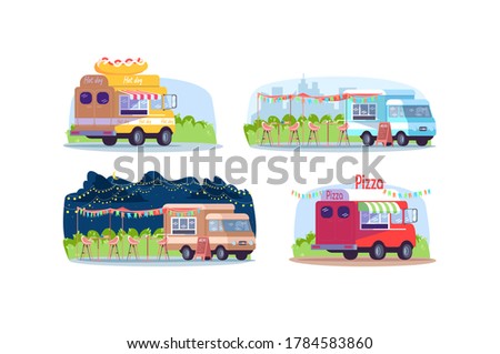 Food trucks semi flat vector illustration set. Van to sell hot dog. Food court with chairs and tables. Sell pizza from transport. Urban seasonal fair 2D cartoon scene pack for commercial use