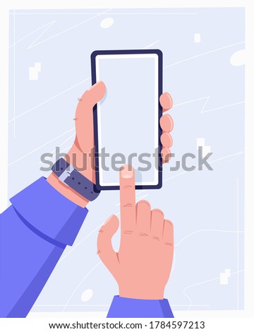 Hand holding cell phone, a finger clicks on the screen. Using mobile smart phone. Flat design concept. Vector illustration
