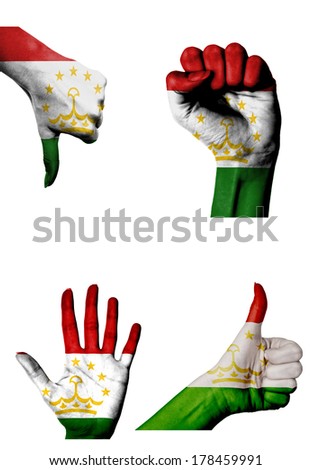 hands with multiple gestures (open palm, closed fist, thumbs up and down) with Tajikistan flag painted isolated on white