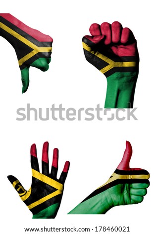 hands with multiple gestures (open palm, closed fist, thumbs up and down) with Vanuatu flag painted isolated on white