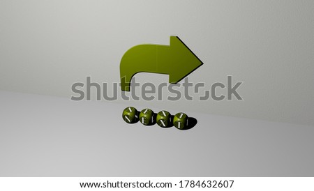 3D representation of next with icon on the wall and text arranged by metallic cubic letters on a mirror floor for concept meaning and slideshow presentation. background and illustration