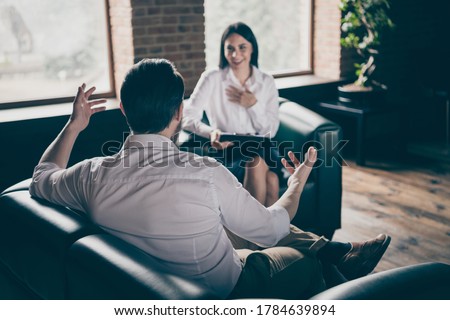 Portrait of his he her she nice attractive cheerful people meeting, attending interview consulting life development coaching at modern industrial loft style interior work place station Royalty-Free Stock Photo #1784639894