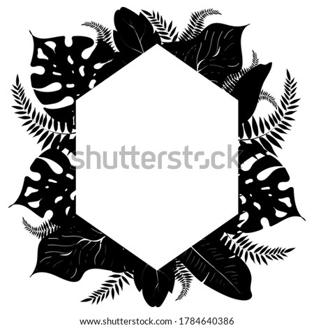 Frame design with black silhouette of tropical leaves and place for your text. Design template ets. Vector stock illustration isolated on white background.