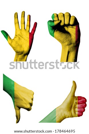 hands with multiple gestures (open palm, closed fist, thumbs up and down) with Mali flag painted isolated on white