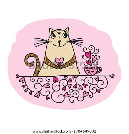 Cute cartoon cat romantic love hearts. Vector illustration