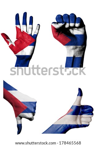 hands with multiple gestures (open palm, closed fist, thumbs up and down) with Cuba flag painted isolated on white