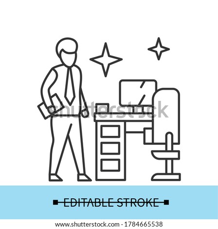 Workplace disinfection icon. Man beside clean office desk line pictogram. Concept of corona virus employee health safety recommendations and hygiene at work. Editable stroke vector illustration