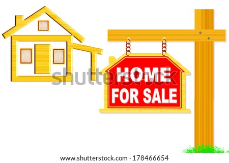 home for sale words sign board with post and house icon design