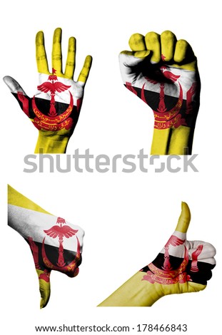 hands with multiple gestures (open palm, closed fist, thumbs up and down) with Brunei flag painted isolated on white
