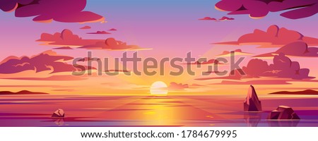 Panorama of sea sunset or ocean sunrise. Vector illustration of water and sky horizon, sun reflection. Dusk or dawn, evening or morning beach landscape. Scenery background or island backdrop Royalty-Free Stock Photo #1784679995