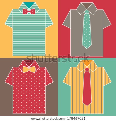 Set of shopping fashion icons. Vector colorful men's shirt with tie and bow tie. Hipster clothing. Vector illustration.