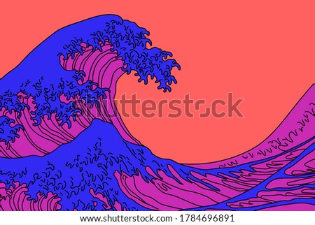 Great Wave in Vaporwave Pop Art style. View on ocean's crest leap toward the sky. Stylized vector line art 
illustration of 19th century Japanese print. 