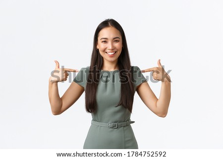 Small business owners, women entrepreneurs concept. Confident successful businesswoman, manage own shop, pointing at herself as promoting personal help or assitance, white background