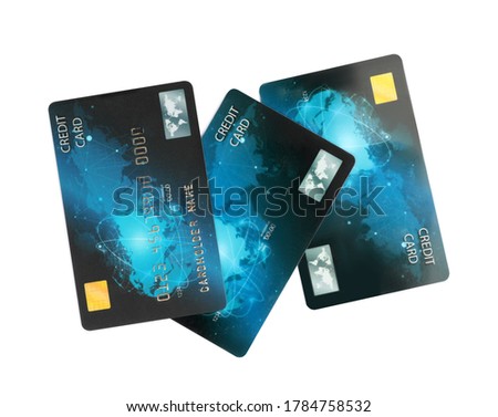 Blue plastic credit cards on white background