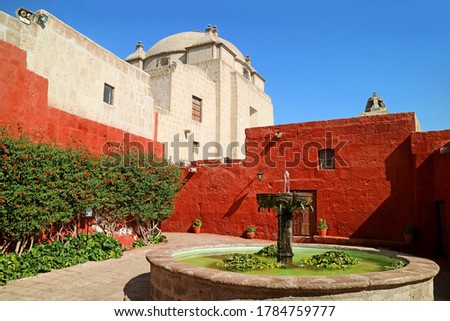 Impressive Courtyard of the Convent of Santa Catalina de Siena with a Vintage Stone Fountain, Historical Place in Arequipa City, Peru
