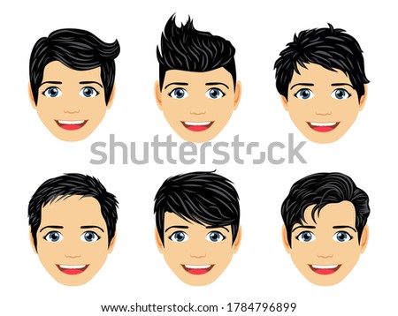 Set of male face avatar portraits isolated with different hair style Colorful illustration on white background. 

