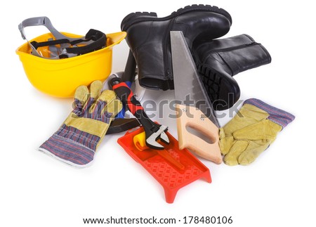 Repair accessories on white background, natural shadow among objects