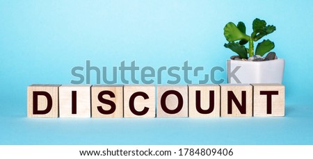 The word DISCOUNT is written on wooden cubes next to a potted plant on a blue background. Financial concept