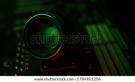Awesome camera lens in green and red lights, Camera concept