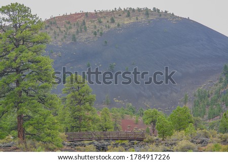 The View of a walking bridge over the volcanic ravine near the Sunset Crater Volcano in Northern Arizona.