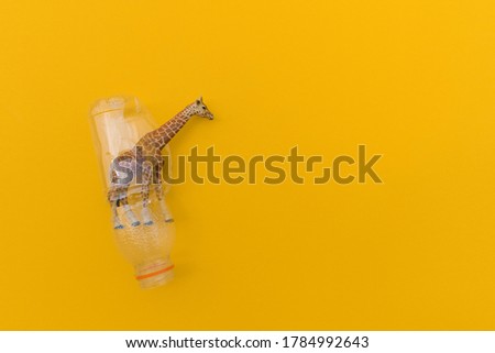 Giraffe is entangled in a plastic bottle. Plastic animal concept. Yellow background. Environmental pollution problem.