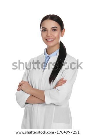 Happy young woman in lab coat on white background Royalty-Free Stock Photo #1784997251