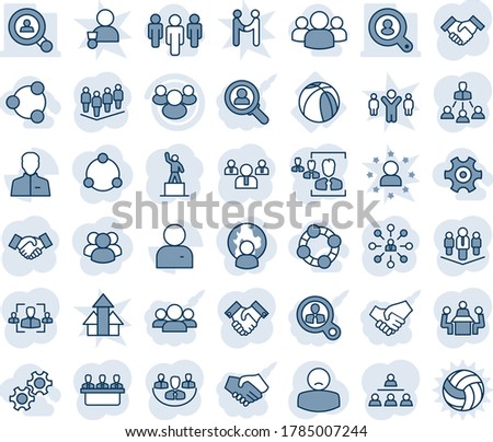 Blue tint and shade editable vector line icon set - handshake vector, hierarchy, pedestal, team, patient, basketball ball, group, user, company, hr, meeting, client search, gear, social, friends