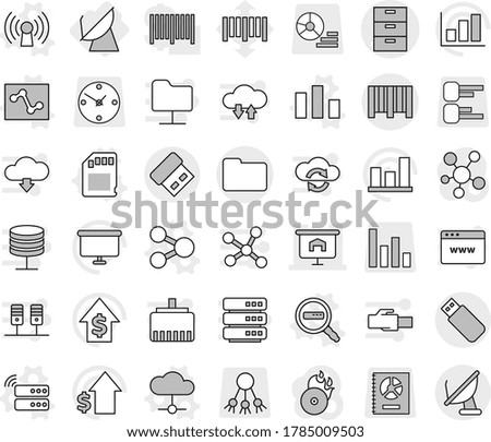 Editable thin line isolated vector icon set - archive vector, presentation, documents, bar code, satellite antenna, share, server, cloud, chart, analytics, sd card, data search, graph, dollar growth