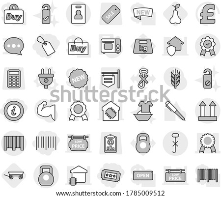 Editable thin line isolated vector icon set - label, bar code, ticket, info, medal, cargo top sign, do not hook, heavy, identity card, plug vector, grill oven, trailer, pear, handle washing, distrub
