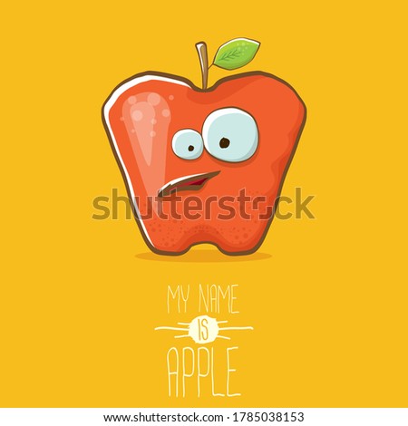 vector funny cartoon cute red apple character isolated on summer orange background. My name is apple vector concept. super funky fruit summer food character