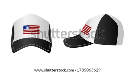 Vector flat illustration of a black and white baseball cap with the flag of America. Isolated.