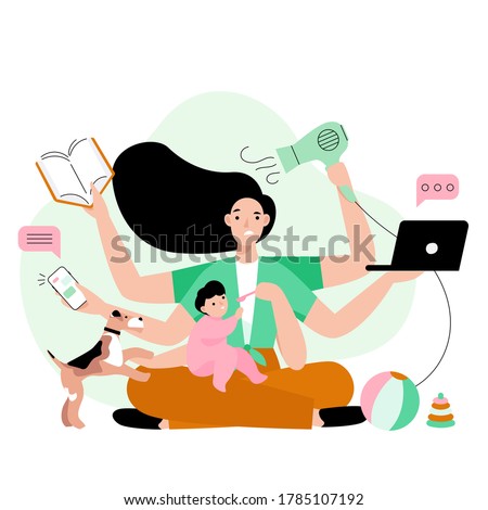 Busy mother doing a lot of work at home. Stressed mom with six hands keeping laptop, book, phone, hairdryer and feeding her child. Multitasking concept vector illustration. Royalty-Free Stock Photo #1785107192