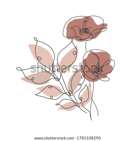 Decorative hand drawn poppy and leaves, design elements. Can be used for cards, invitations, banners, posters, print design. Continuous line art style