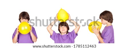 Three images of a boy playing with a yellow balloon isolated on a white background