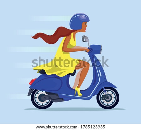 Young cute woman in a helmet and yellow dress rides a scooter and chasing someone. An adult uses a vehicle. Side view. Vector flat design girl character illustration.