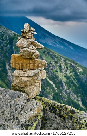 Zen stones, meditation Symbol of peaceful Buddhism. Beautiful view of mountain in National Park High Tatra. northern Slovakia, Europe, EU. Beautiful world.
