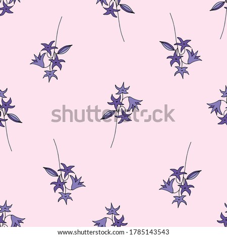 Seamless pattern blue bell flowers on a light pink background. Colorful background for festive design, packaging, wallpaper, fabric, textile, stationery, accessories. Vector illustration.