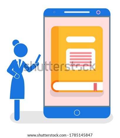 Isolated businesswoman using phone. Electronic library concept. Smartphone with e-library app. Woman search books in phone in internet. Business lady reading data catalog or archive files at cellphone