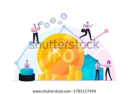 IPO Initial Public Offering. Tiny Male and Female Characters Businessmen, Businesswomen, Traders at Huge Growing Arrow Graph and Golden Coins. Stock Market Shares. Cartoon People Vector Illustration Royalty-Free Stock Photo #1785157496