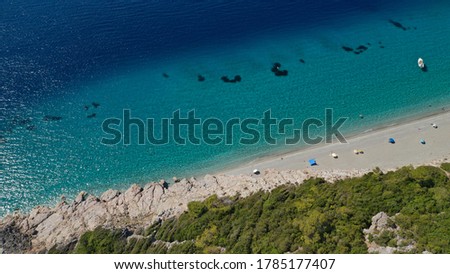 Aerial drone photo of famous turquoise paradise sandy beach of Milia covered with pine trees, Skopelos island, Sporades, Greece