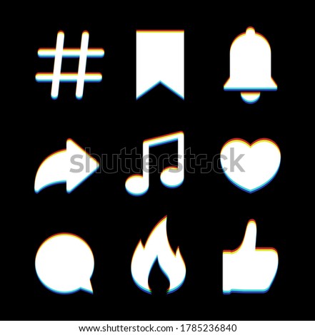 Interface application icons with realistic glitch effect. Social media icon concepts, modern design elements. Symbols for web and mobile apps. Like, heart, bell, music and hashtag signs. Vector, EPS10